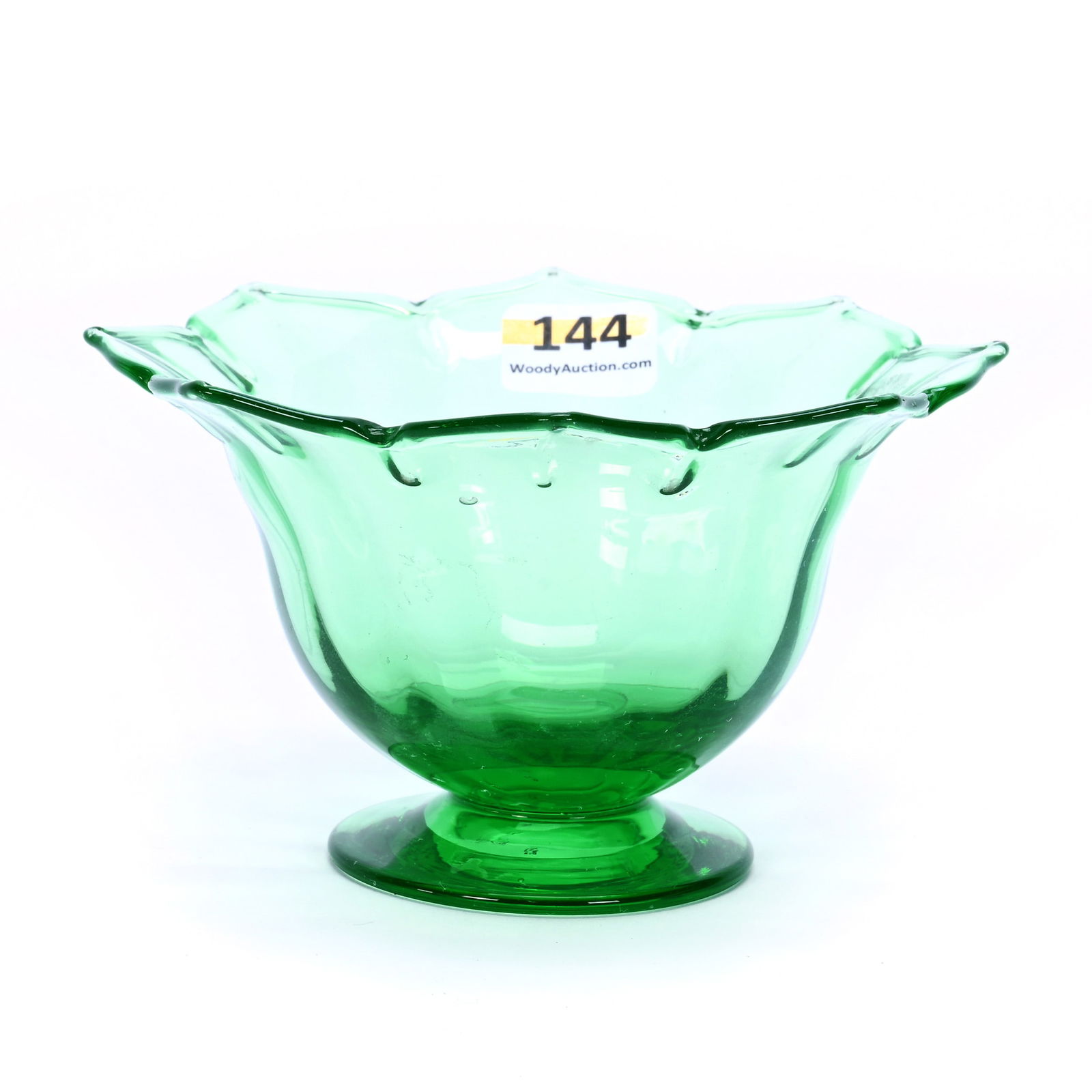 Pedestal Sherbet, Solid Green Art Glass By Steuben: Pedestal Sherbet, Solid Green Art Glass By Steuben, 2.75 x 4.75 x 4.75 Inches, Flower Petal Rim, Polished Pontil Base, 1 Pound, Private Collection.