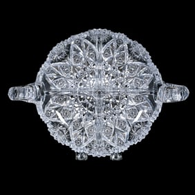 Two Handled, 4 Division Bowl, American Brilliant Cut Glass, Expanding Star Pattern