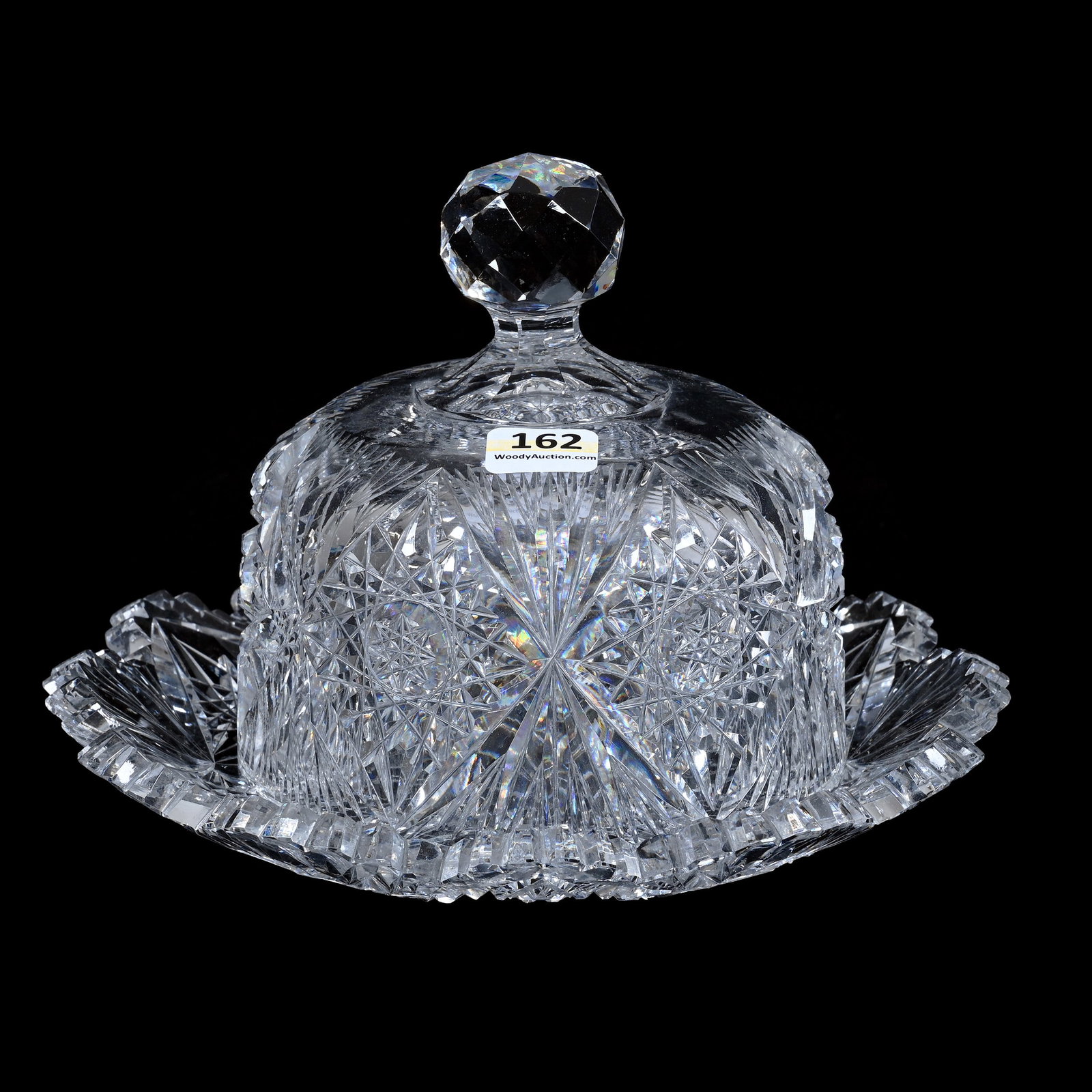 Covered Butter Dish, American Brilliant Cut Glass: Covered Butter Dish, American Brilliant Cut Glass, 5.5 x 8 x 8 Inches, Hobstar And Fan Motif, Nice Example, 4 Pounds, Judy Ratcliffe Collection, Florida.