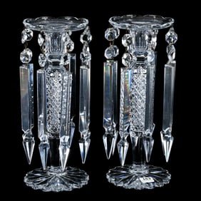 Pair Candle Lusters, American Brilliant Cut Glass, Raised Diamond Pattern By Pairpoint