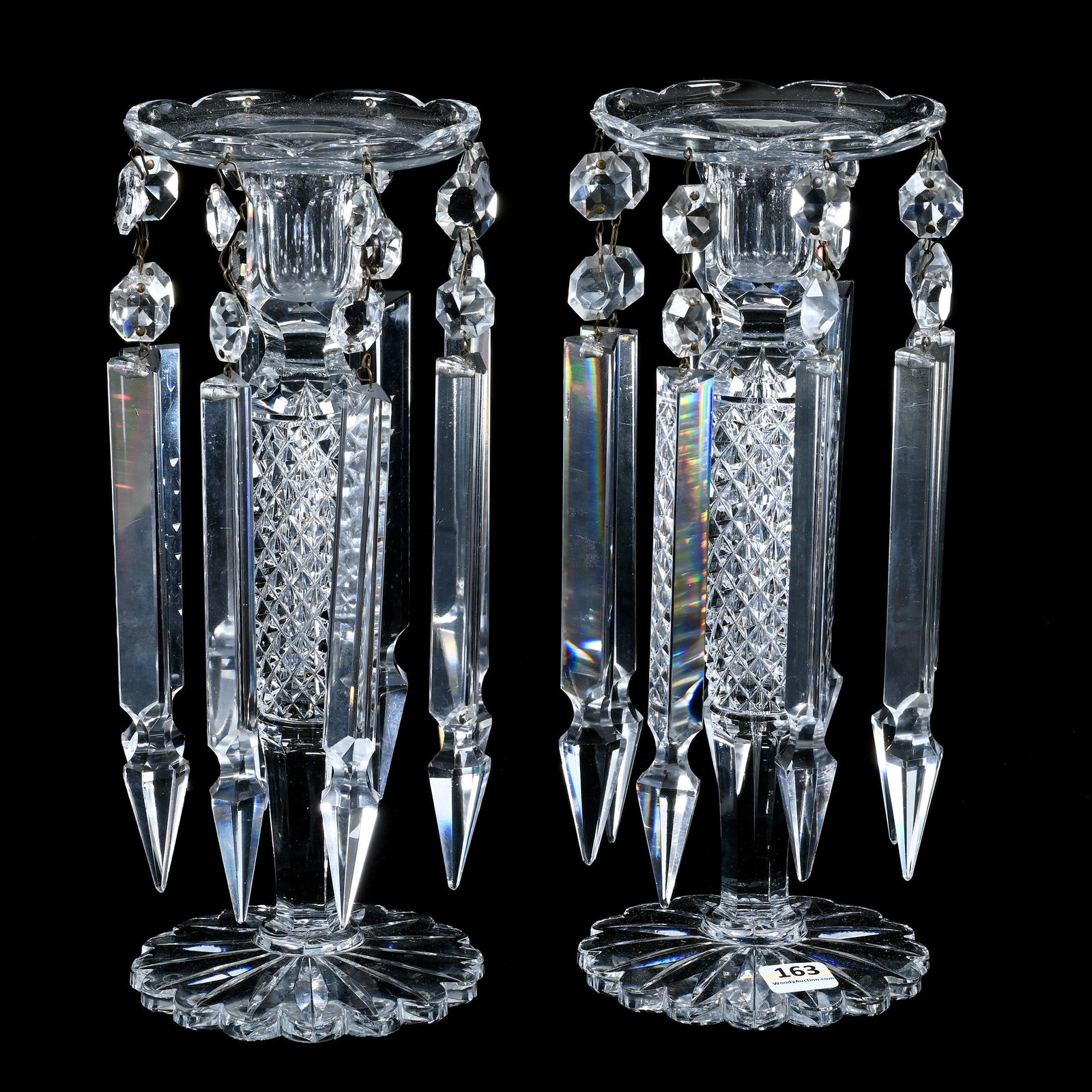 Pair Candle Lusters, American Brilliant Cut Glass, Raised Diamond Pattern By Pairpoint (1 of 2)