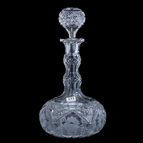 Decanter, American Brilliant Cut Glass, Harvard And Engraved Floral Motif, Double Goose Neck