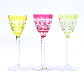 (3) Cordial Stems, Brilliant Period Cut Glass, Color Cut To Clear, Carlton Pattern By Val St.