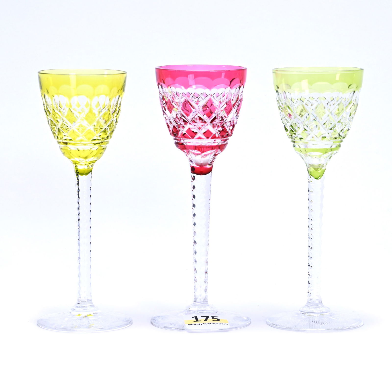 (3) Cordial Stems, Brilliant Period Cut Glass, Color Cut To Clear, Carlton Pattern By Val St. (1 of 3)