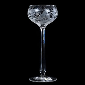 Wine Stem, Brilliant Period Cut Glass, Engraved Bird And Vintage Motif