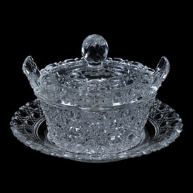 Three Piece Covered Butter Tub With Underplate, American Brilliant Cut Glass, Cane Pattern, Tab