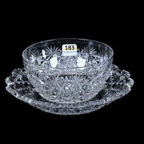 Finger Bowl And Underplate, American Brilliant Cut Glass, Russian Pattern With Clear Cut Buttons