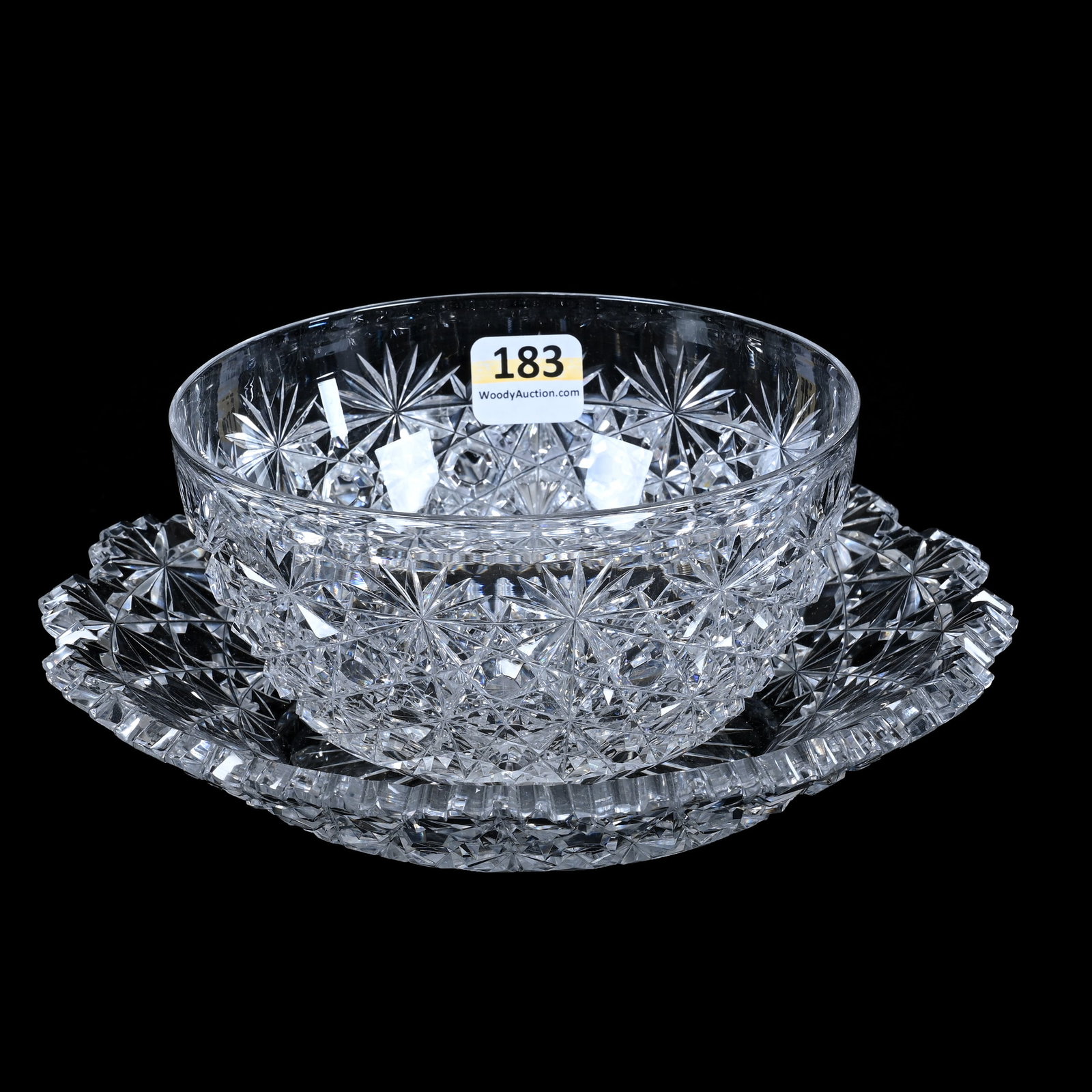 Finger Bowl And Underplate, American Brilliant Cut Glass, Russian Pattern With Clear Cut Buttons: Finger Bowl And Underplate, American Brilliant Cut Glass, Russian Pattern With Clear Cut Buttons, 3 x 7.5 x 7.5 Inches, Ray Cut Center, 3 Pounds, Judy Ratcliffe Collection, Florida.