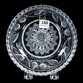 Nappy, American Brilliant Cut Glass, Engraved Berry Border With Flashed Hobstar Center