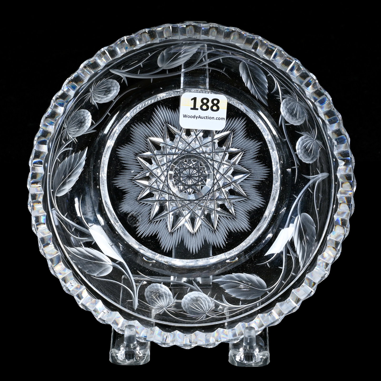 Nappy, American Brilliant Cut Glass, Engraved Berry Border With Flashed Hobstar Center: Nappy, American Brilliant Cut Glass, Engraved Berry Border With Flashed Hobstar Center, 1.75 x 6 x 6 Inches, Minor Interior Roughness, 2 Pounds, Judy Ratcliffe Collection, Florida.