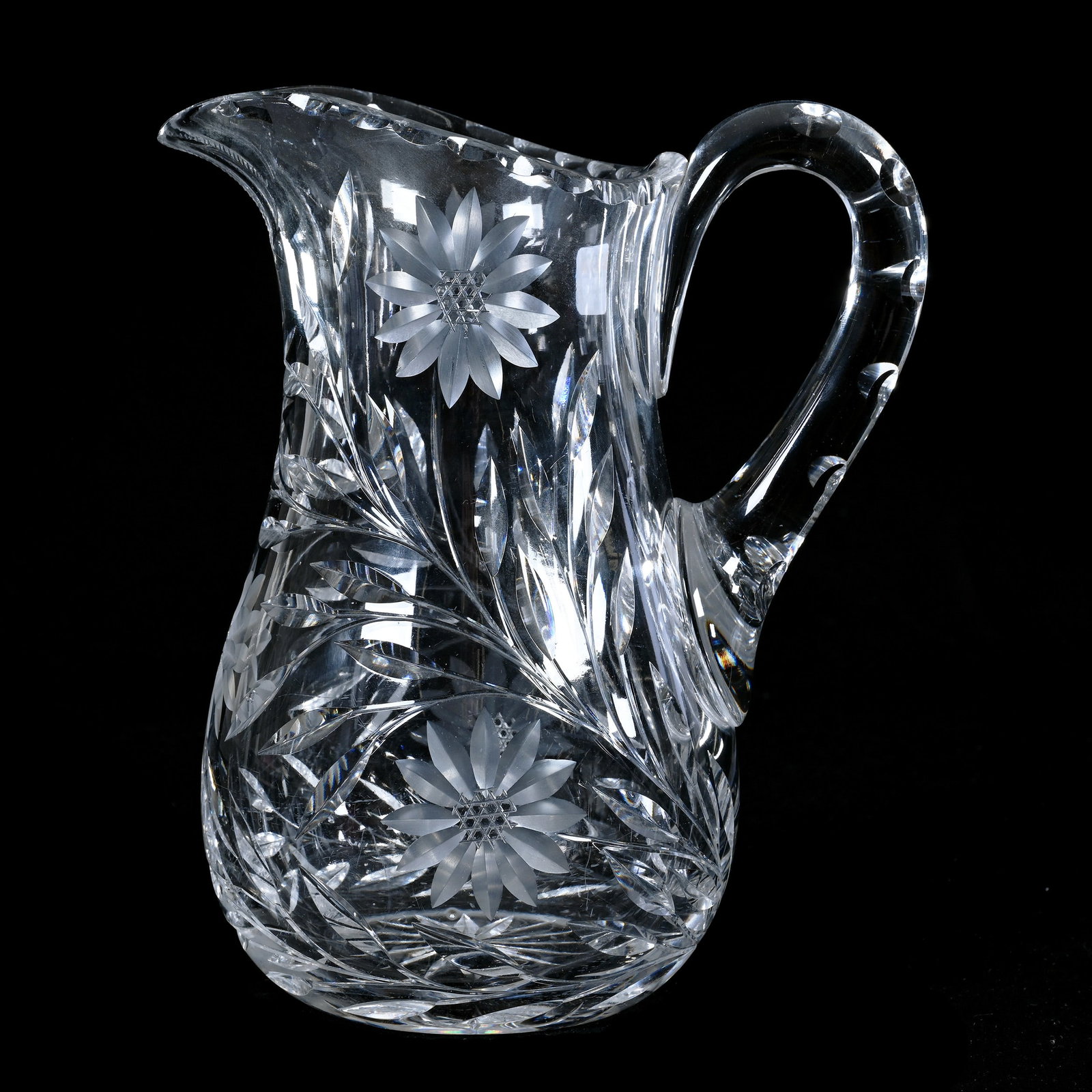 Engraved Floral Pattern, American Brilliant Cut Glass, Ray Cut Base: Engraved Floral Pattern, American Brilliant Cut Glass, Ray Cut Base, 9.5 x 7.75 x 7.75 Inches, Unidentified Manufacturer, Possibly By Ideal Cut Glass, 6 Pounds, Judy Ratcliffe Collection, Florida.