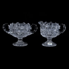 Pedestal Creamer And Sugar, American Brilliant Cut Glass, Cane Pattern With Hobstar Foot