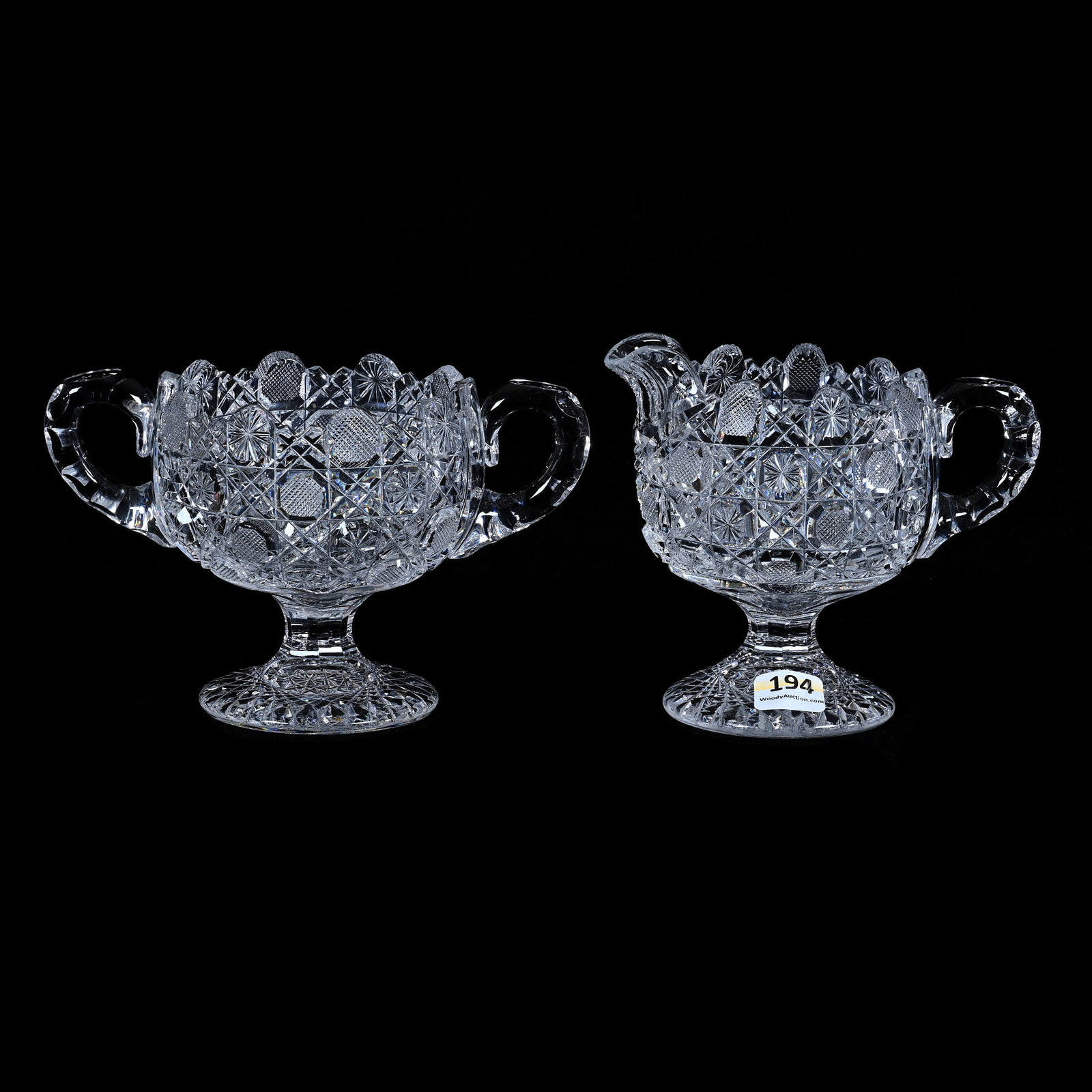 Pedestal Creamer And Sugar, American Brilliant Cut Glass, Cane Pattern With Hobstar Foot: Pedestal Creamer And Sugar, American Brilliant Cut Glass, Cane Pattern With Hobstar Foot, 4.75 x 6.5 x 4 Inches, Creamer With Spout Chips, One Handle On Sugar With Crack, 3 Pounds, Massachusetts Priva