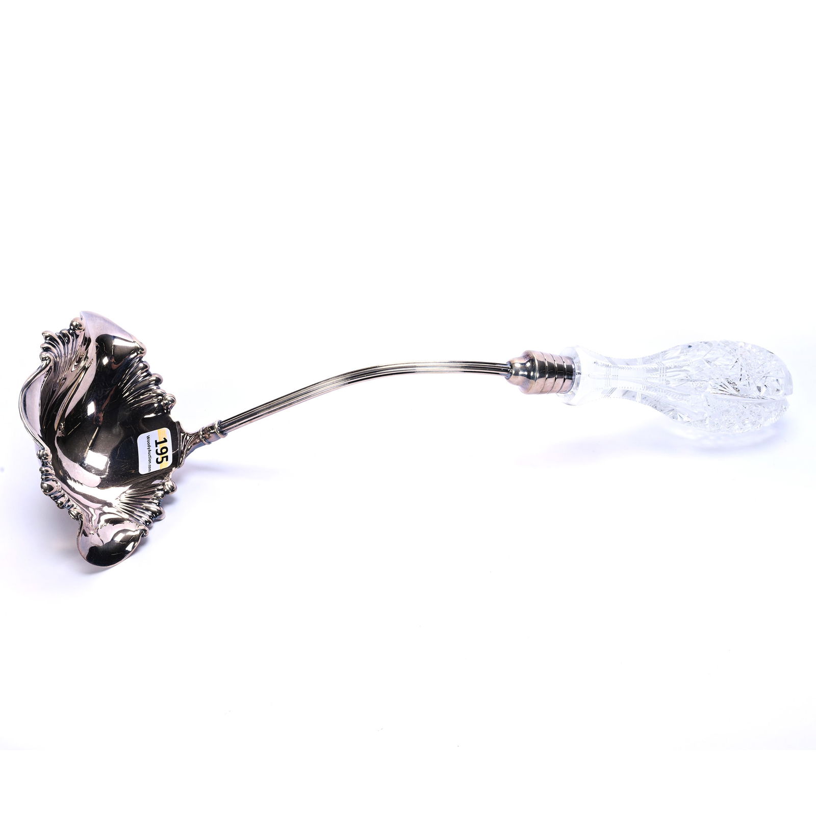 Punch Ladle, American Brilliant Cut Glass, By C.F. Monroe: Punch Ladle, American Brilliant Cut Glass, By C.F. Monroe, 14.75 x 5.25 x 5.25 Inches, Hobstar, Crosscutting, Miter, And Fan Motif, 1 Pound, Massachusetts Private Collection.