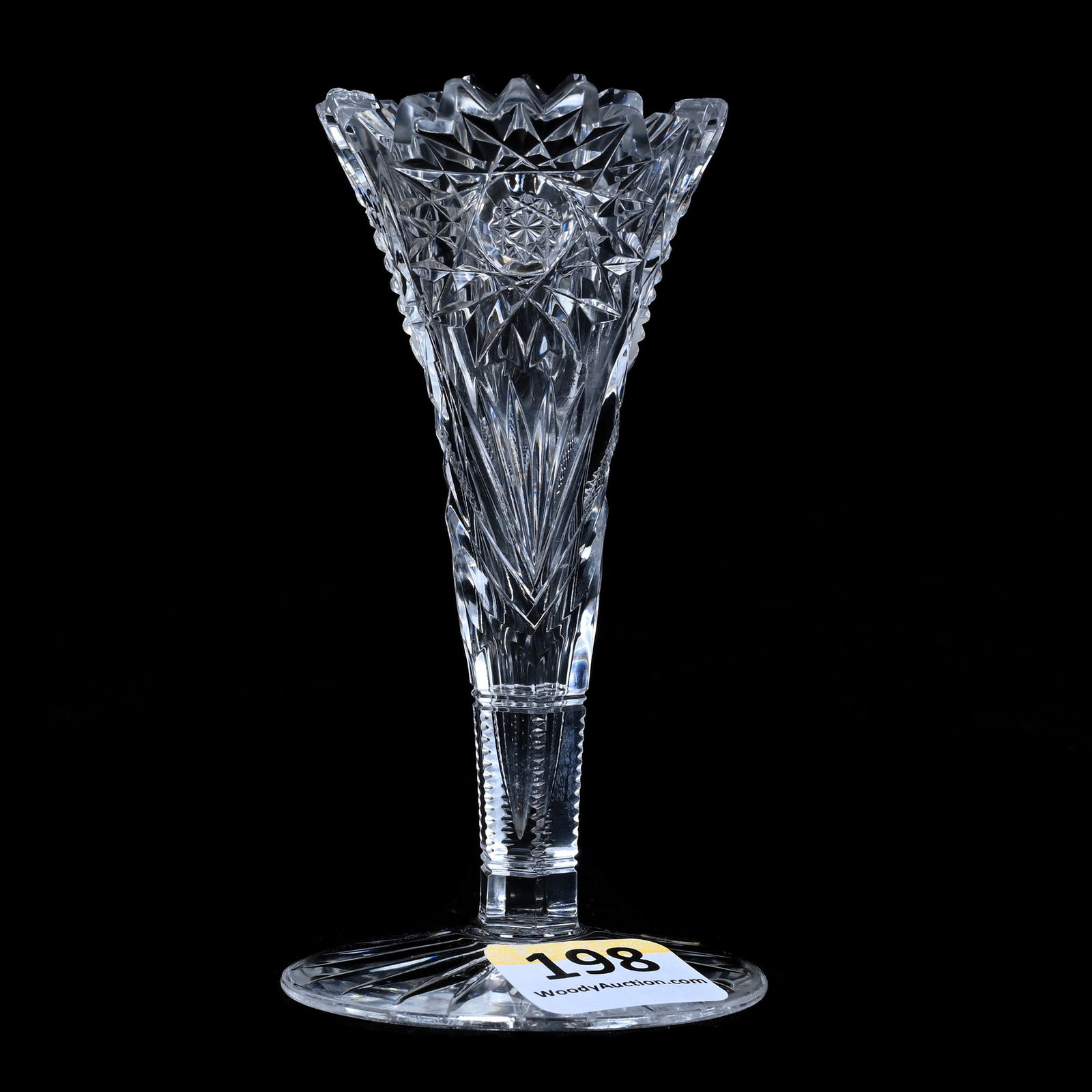 Miniature Trumpet Vase, American Brilliant Cut Glass: Miniature Trumpet Vase, American Brilliant Cut Glass, 3.75 x 2 x 2 Inches, Hobstar, Nailhead Diamond, And Fan Motif, Minor Rim Touch Up, Ray Cut Foot, 1 Pound, Massachusetts Private Collection.