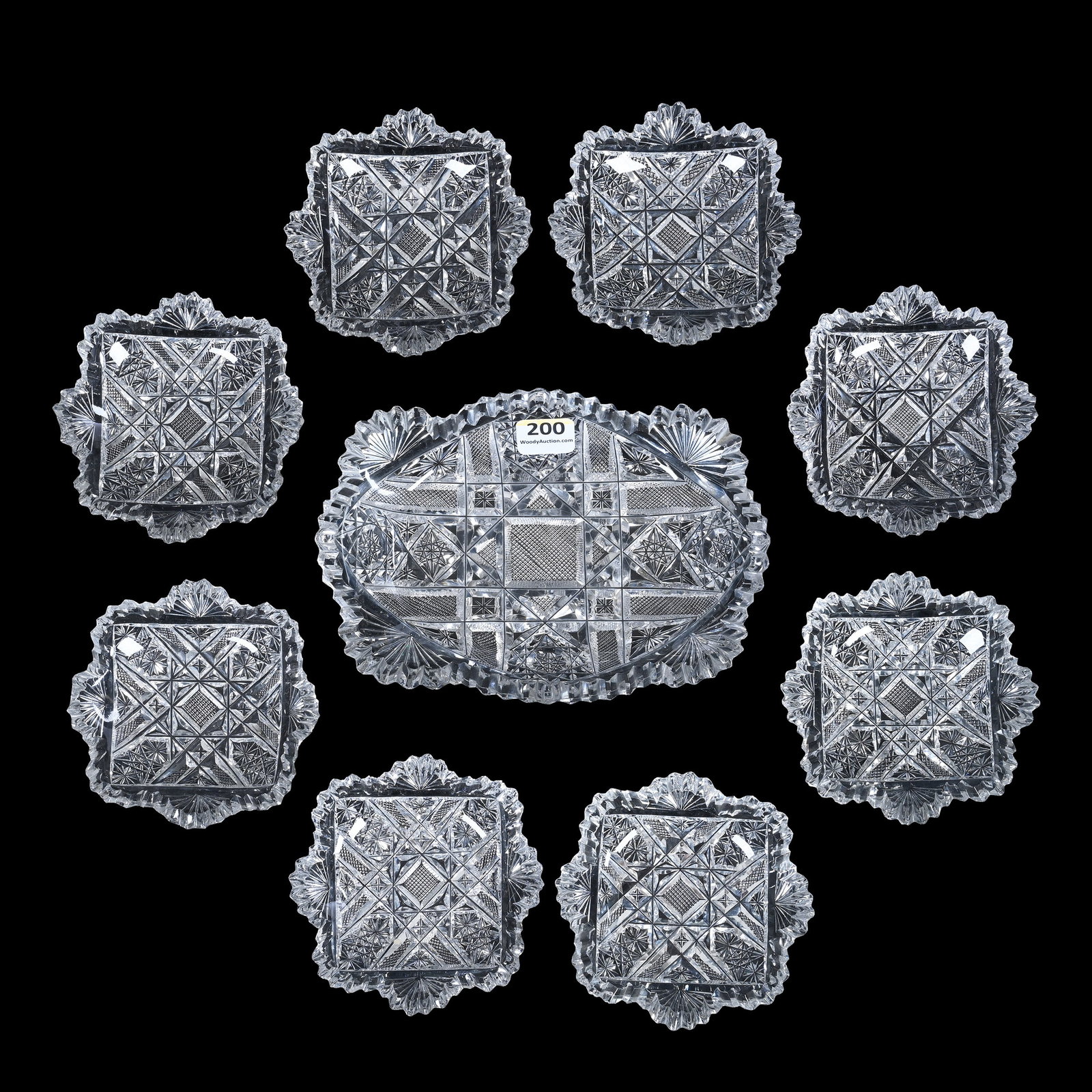 Nine Piece Olive Set, Bessie Pattern By Home Cut Glass: Nine Piece Olive Set, Bessie Pattern By Home Cut Glass, Features (1) 1.5 x 6.75 x 4.75 Inch Tray With (8) 1 x 3.75 x 3.75 Inch Individuals, Some Light Roughness, Nice Set, Five Small Dishes With Rim C