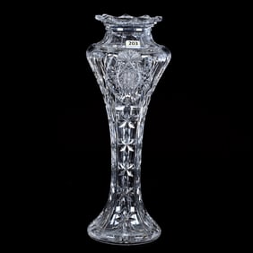 Vase, American Brilliant Cut Glass, Signed Libbey, Hobstar, Crosscutting, Star, And Fan Motif