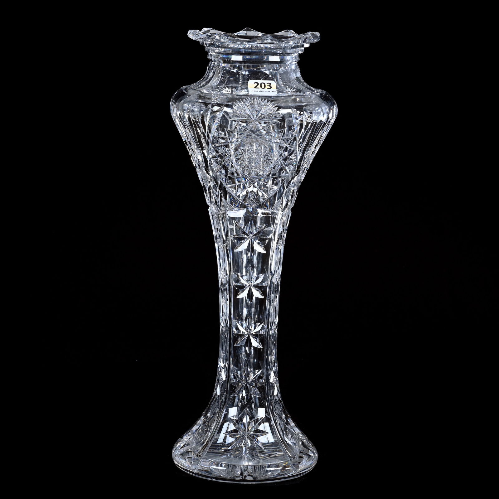 Vase, American Brilliant Cut Glass, Signed Libbey, Hobstar, Crosscutting, Star, And Fan Motif: Vase, American Brilliant Cut Glass, Signed Libbey, Hobstar, Crosscutting, Star, And Fan Motif, 14.25 x 5.5 x 5.5 Inches, Ray Cut Base, Nice Form, Rim Nicks, 5 Pounds, Massachusetts Private Collection.