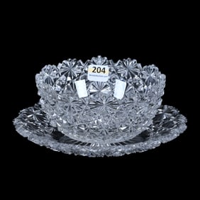 Finger Bowl And Underplate, American Brilliant Cut Glass, Russian Pattern With Star Cut Button