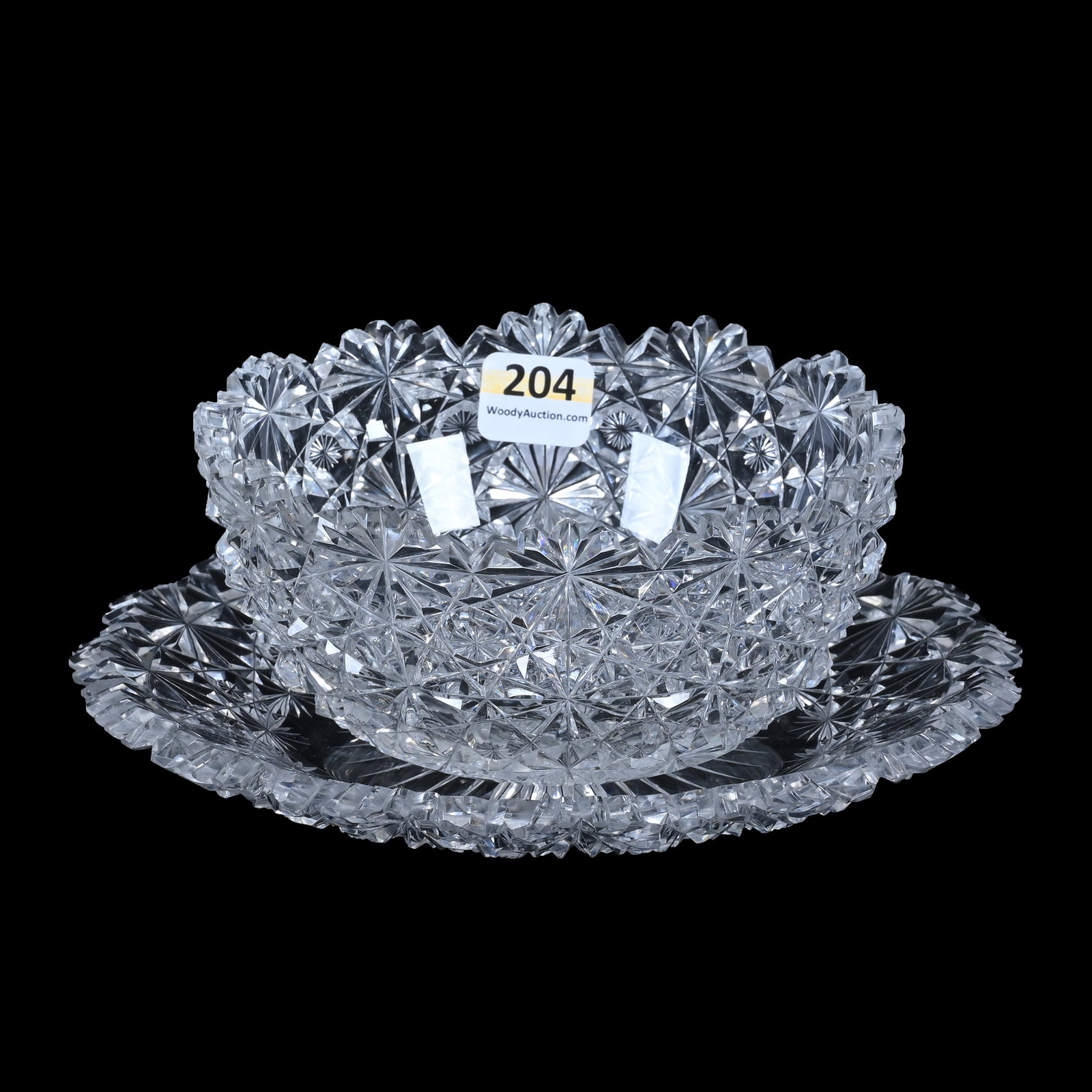 Finger Bowl And Underplate, American Brilliant Cut Glass, Russian Pattern With Star Cut Button: Finger Bowl And Underplate, American Brilliant Cut Glass, Russian Pattern With Star Cut Button, 2.75 x 7 x 7 Inches, Ray Cut Center, 2 Pounds, Massachusetts Private Collection.