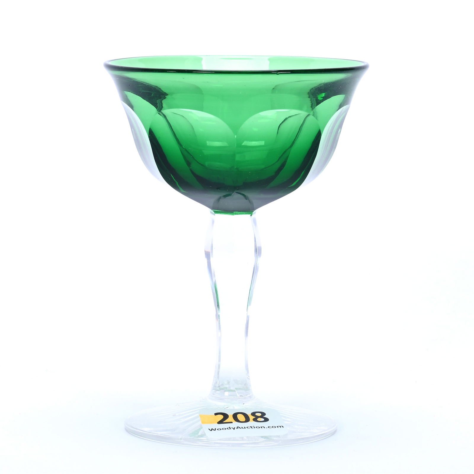 Wine Stem, American Brilliant Cut Glass, Cased Green Bowl With Flute Pattern: Wine Stem, American Brilliant Cut Glass, Cased Green Bowl With Flute Pattern, 4 x 2.75 x 2.75 Inches, Clear Stem, Ray Cut Foot, Attributed To Dorflinger, 1 Pound, Private Collection.