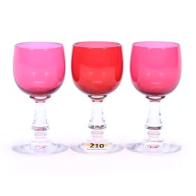 (3) Wine Stems, Cased Cranberry Bowls With Clear Stem And Foot, Attributed To Dorflinger