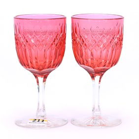 Pair Wine Stems, American Brilliant Cut Glass, Cased Cranberry