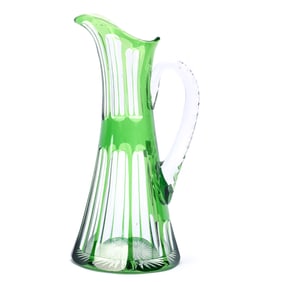 Pitcher, Brilliant Period Cut Glass, Green Cut To Clear, Flute Pattern Attributed To Val St. Lambert
