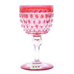 Wine Stem, American Brilliant Cut Glass, Red Cut To Clear, Hob Diamond Pattern By Dorflinger