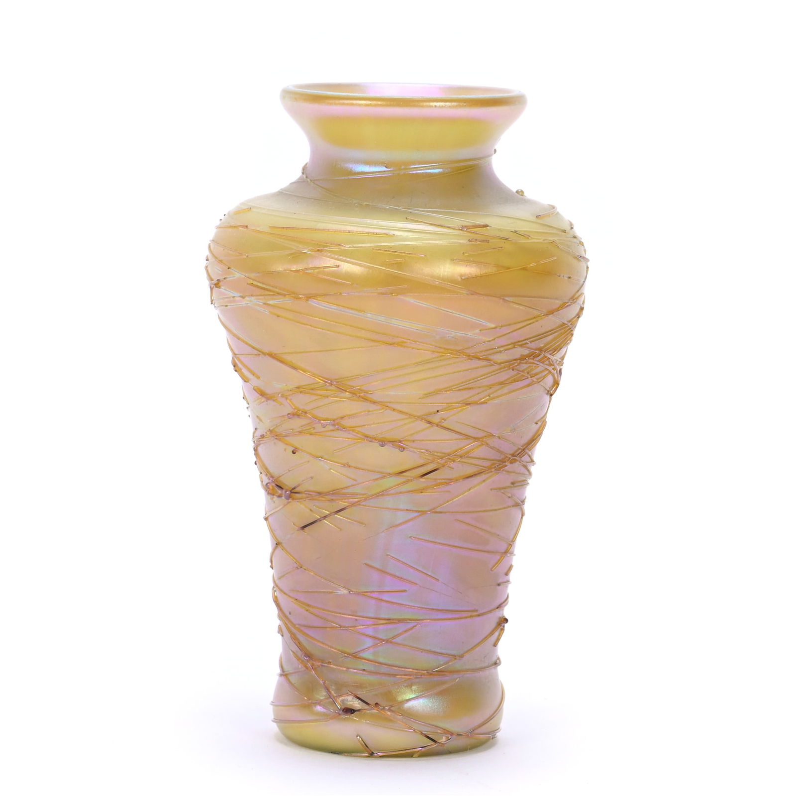 Vase, Unmarked Quezal Art Glass, Gold Iridescent With Threading Overlay (1 of 2)