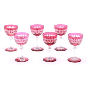 (6) Wine Stems, American Brilliant Cut Glass, Cranberry Cut To Clear, Hob Diamond Pattern By