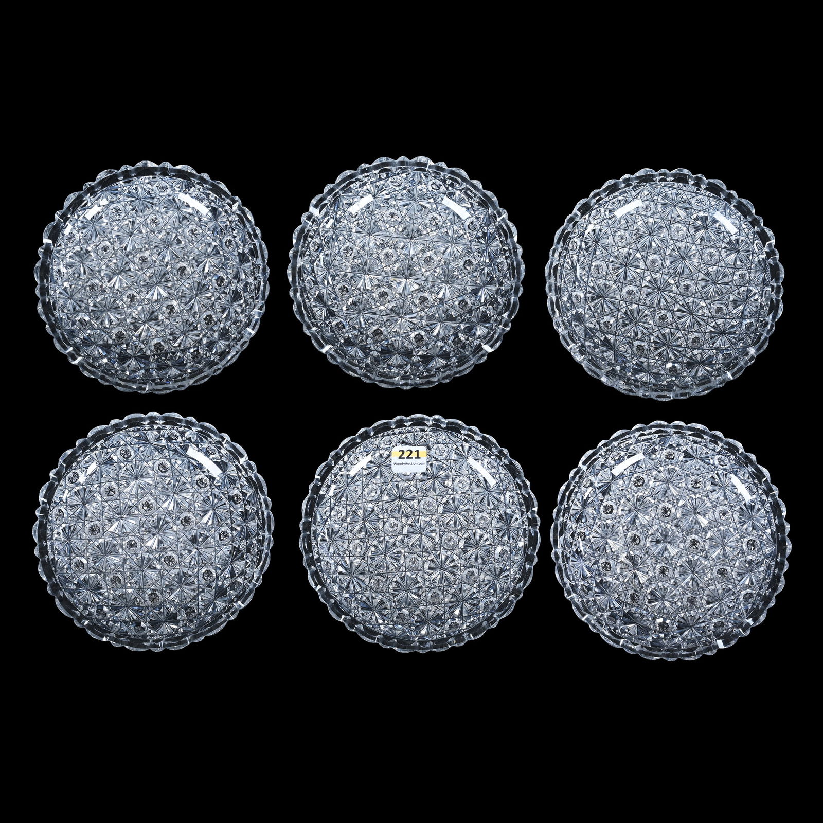 (6) Ice Cream Dishes, American Brilliant Cut Glass, Russian Pattern With Star Cut Buttons (1 of 3)