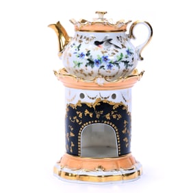 Unmarked French Teapot On Original Warmer Stand