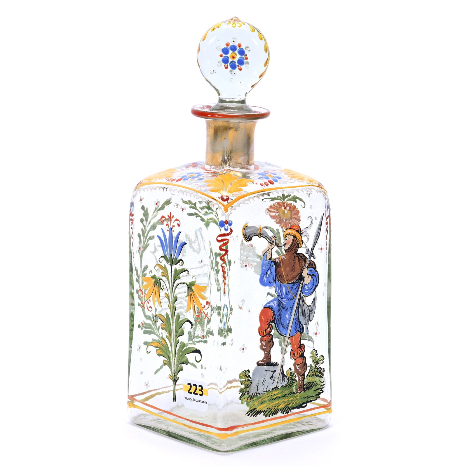 Unmarked Czechoslovakian/Bohemian Decanter: Unmarked Czechoslovakian/Bohemian Decanter, 9.75 x 3.5 x 3.5 Inches, Clear With Colorful Enameled Florals And Hunter Scenic Decor, Enameled Date Of 1657 Presumably Commemorates The Ascension Of Leopol