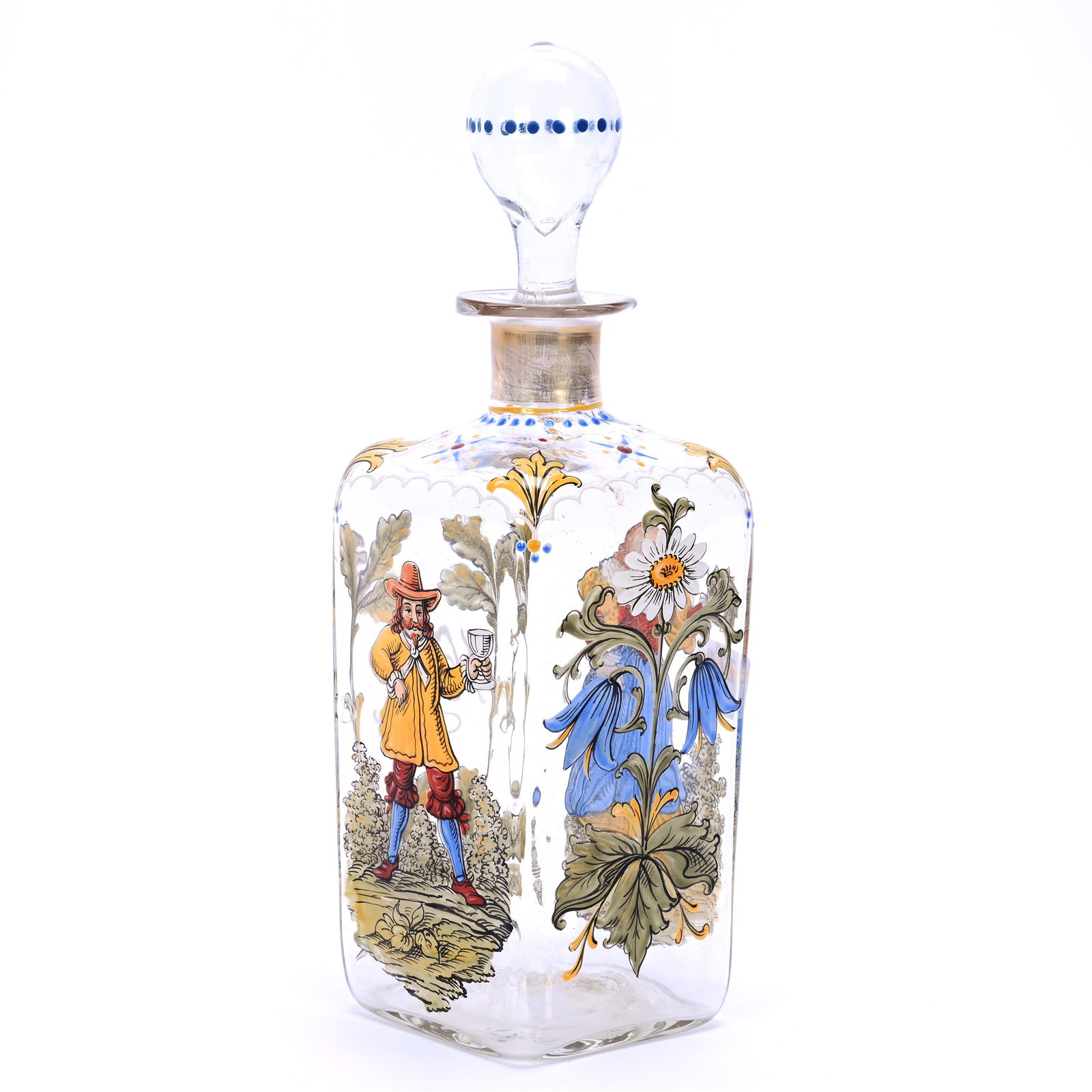 Unmarked Czechoslovakian/Bohemian Decanter: Unmarked Czechoslovakian/Bohemian Decanter, 9.75 x 3.25 x 3.25 Inches, Clear With Colorful Enameled Florals Scene Of Man And Woman, Enameled Date Of 1657 Presumably Commemorates The Ascension Of Leopo