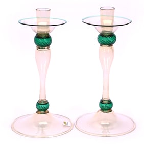 Pair Lamp Bases In Form Of Candlesticks, Venetian Art Glass, Amber With Green Spiral Ball Stems
