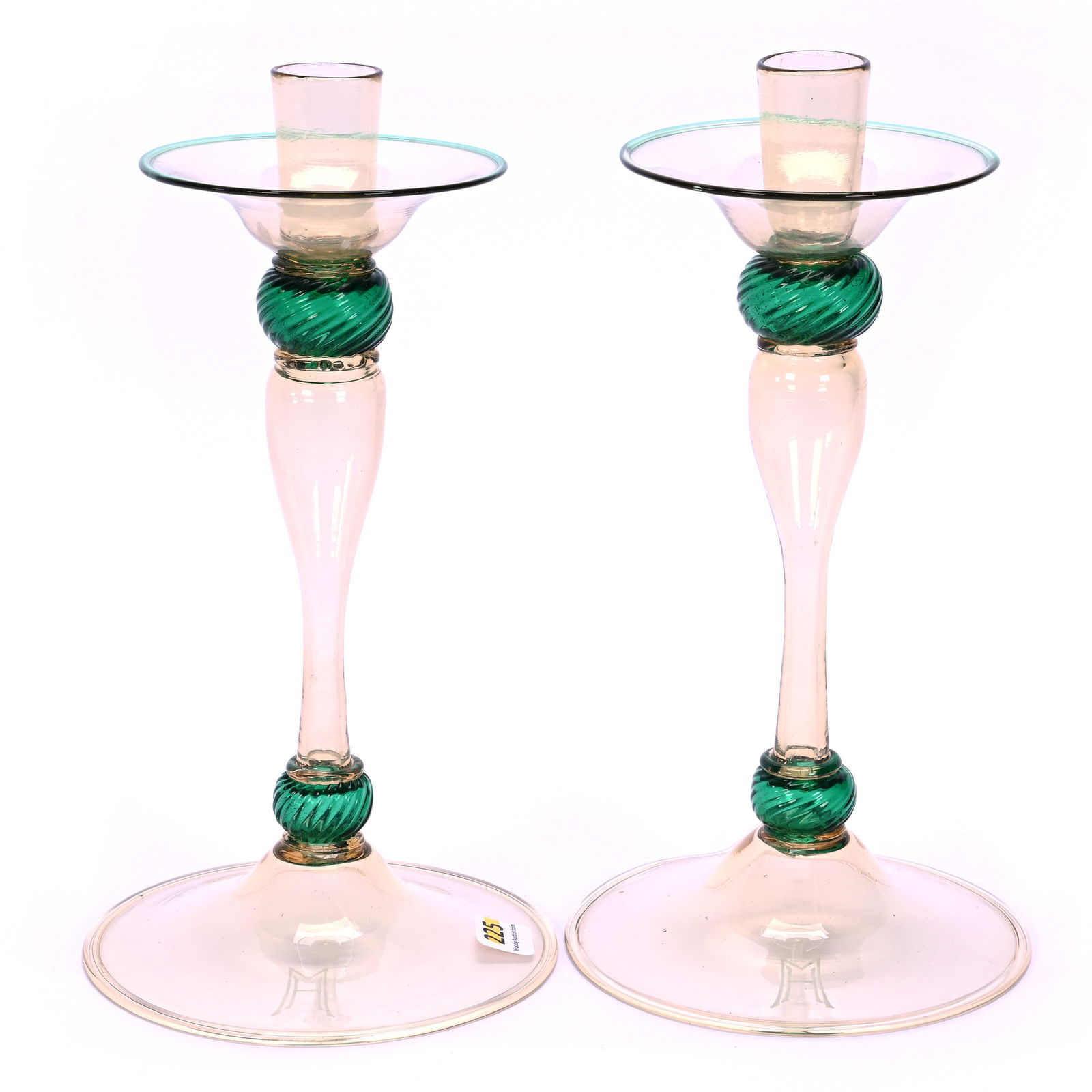 Pair Lamp Bases In Form Of Candlesticks, Venetian Art Glass, Amber With Green Spiral Ball Stems (1 of 3)