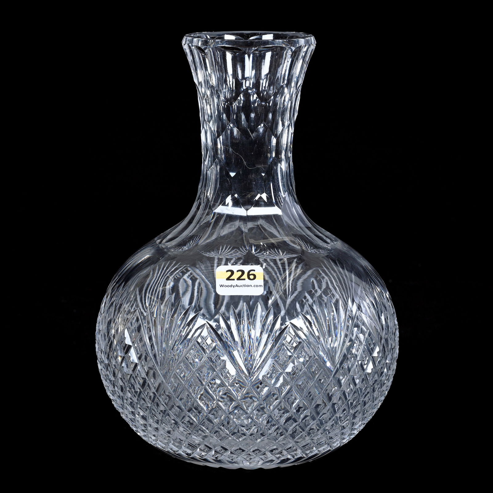 Water Carafe, American Brilliant Cut Glass, Strawberry Diamond And Fan Motif: Water Carafe, American Brilliant Cut Glass, Strawberry Diamond And Fan Motif, 8.25 x 6 x 6 Inches, Honeycomb Neck, Ray Cut Base, 4 Pounds, Florida Private Collection.
