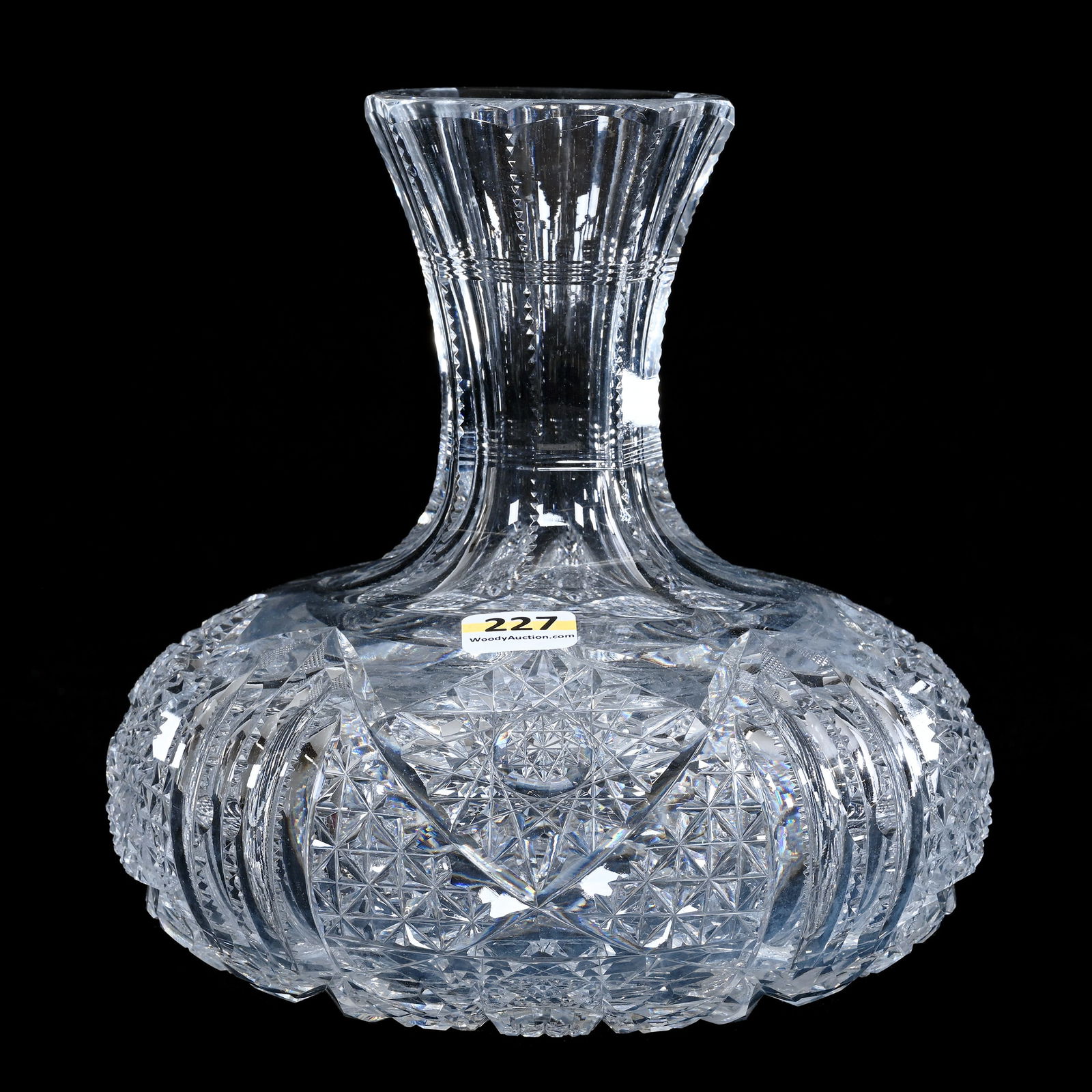 Water Carafe, American Brilliant Cut Glass, Hobstar, Quartered Diamond, And Prism Motif: Water Carafe, American Brilliant Cut Glass, Hobstar, Quartered Diamond, And Prism Motif, 7.25 x 7 x 7 Inches, Pattern Cut Base, 4 Pounds, Florida Private Collection.