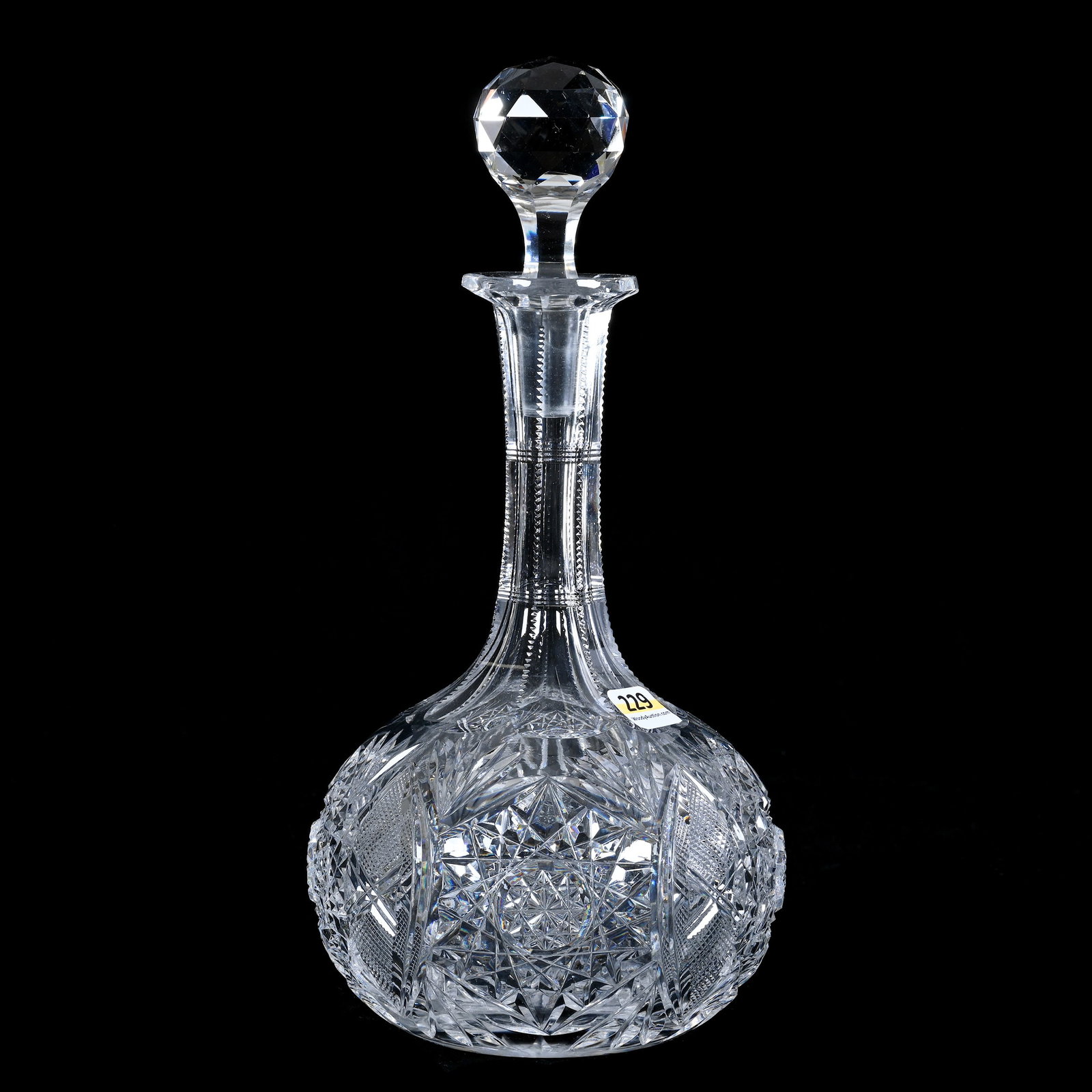 Decanter, American Brilliant Cut Glass, Hobstar, Vesica, Crosscutting, And Fan Motif: Decanter, American Brilliant Cut Glass, Hobstar, Vesica, Crosscutting, And Fan Motif, 11.25 x 5.75 x 5.75 Inches, Ray Cut Base, 4 Pounds, Florida Private Collection.