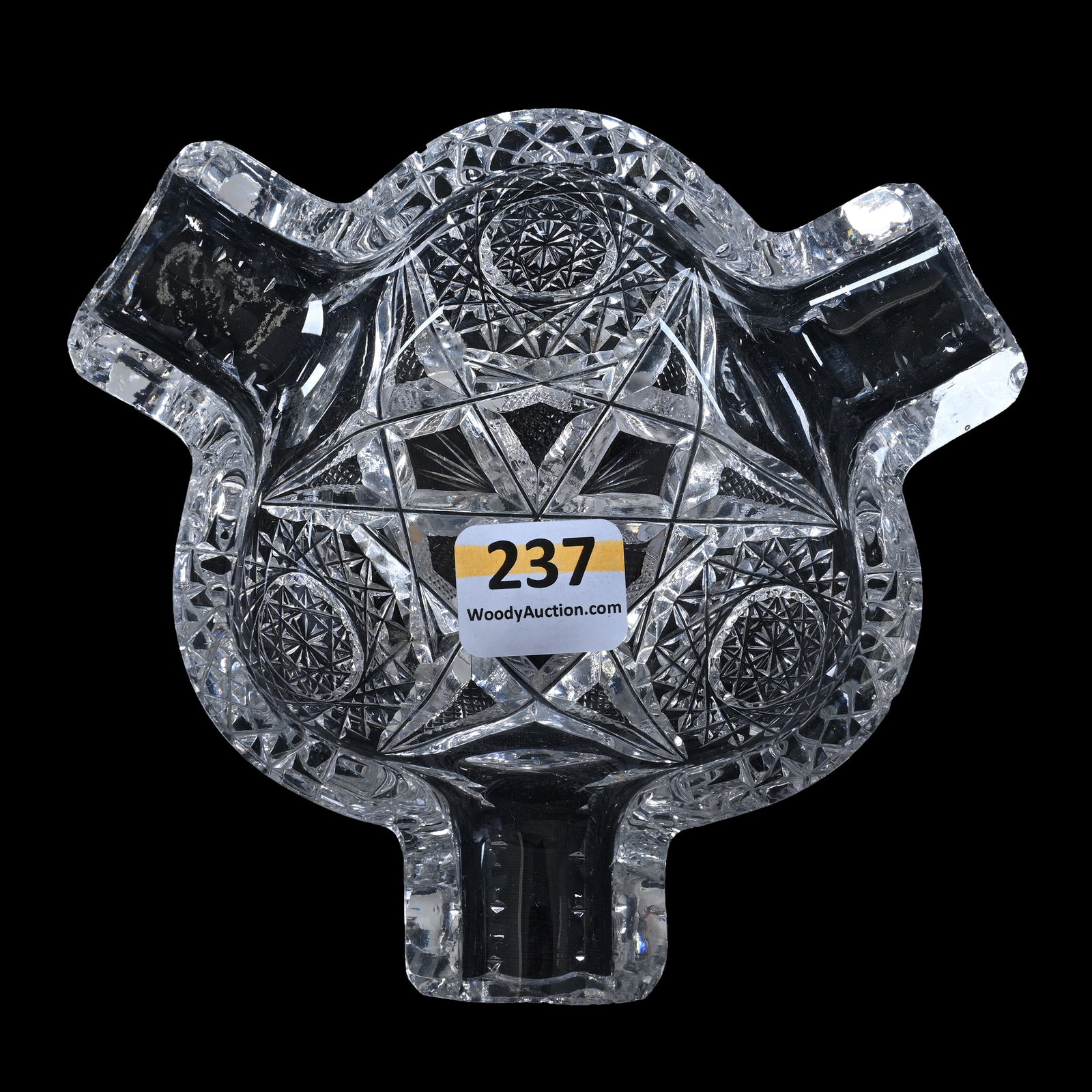 Ashtray, American Brilliant Cut Glass, Cordova Pattern by Clark: Ashtray, American Brilliant Cut Glass, Cordova Pattern by Clark, 1.25 x 4.75 x 4.75 Inches, Rim Nick, 1 Pound, Pennsylvania Private Collection. UPDATED 1-5-25: Added Pattern And Maker.