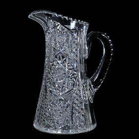 Water Pitcher, American Brilliant Cut Glass, Hobstar, Cane, And Prism Motif