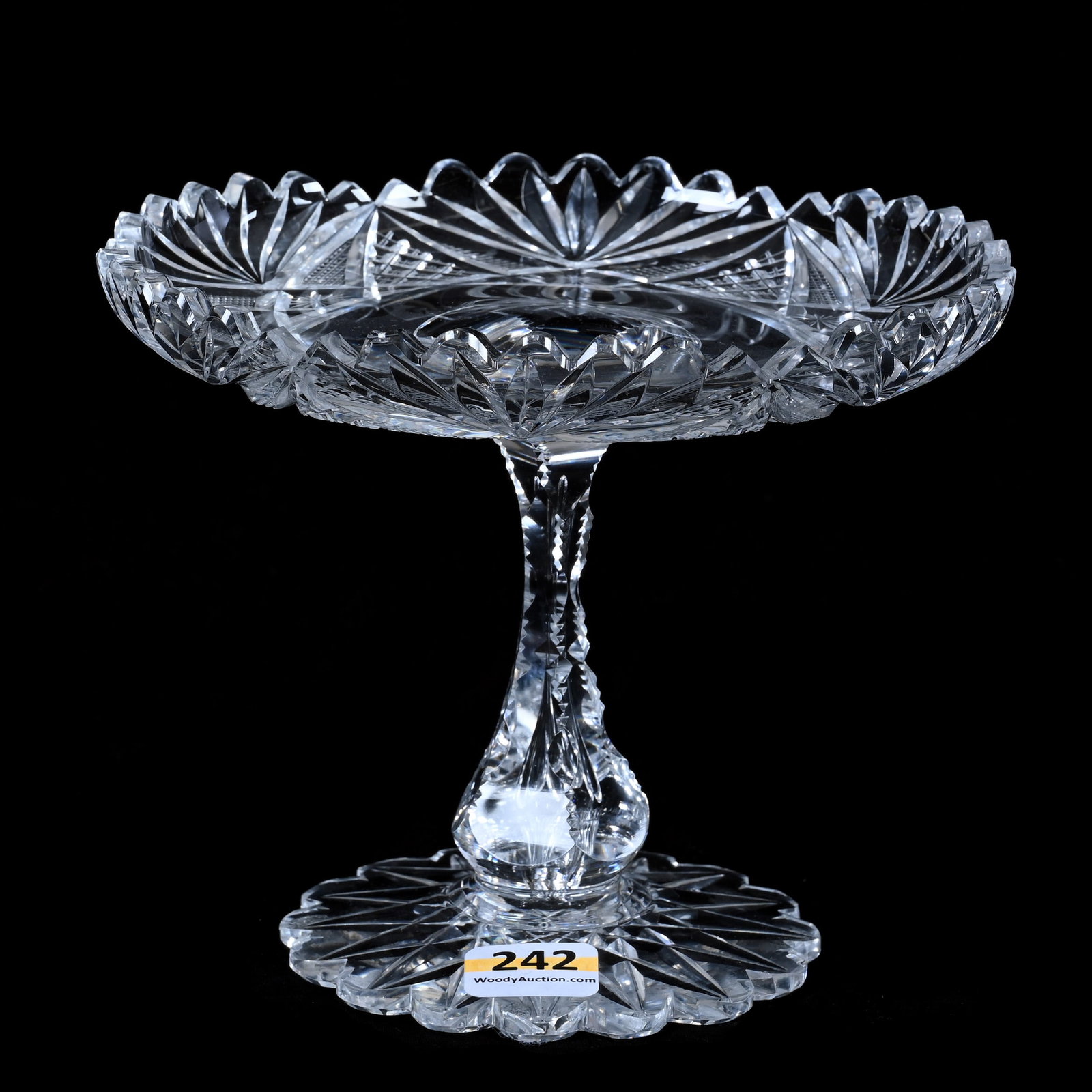 Compote, American Brilliant Cut Glass: Compote, American Brilliant Cut Glass, 5 x 6 x 6 Inches, Crosscut Diamond, Crosscutting, Star, And Fan Motif, Notched Teardrop Stem, Scalloped Hobstar Foot, Tooth Chip, 2 Pounds, Colorado Private Coll