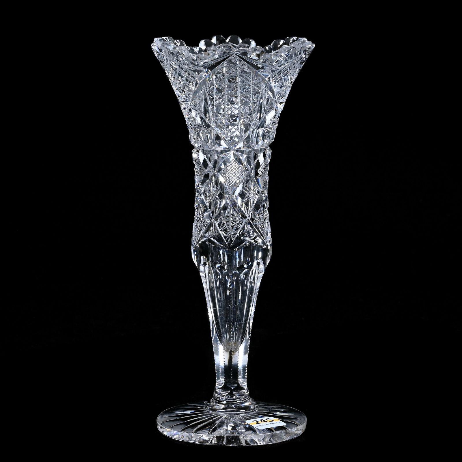 Vase, American Brilliant Cut Glass: Vase, American Brilliant Cut Glass, 10 x 4 x 4.25 Inches, Cane, Crosscut Diamond, Hobstar, Quartered Diamond, And Crosscutting Motif, Ray Cut Goot, 3 Pounds, Colorado Private Collection.