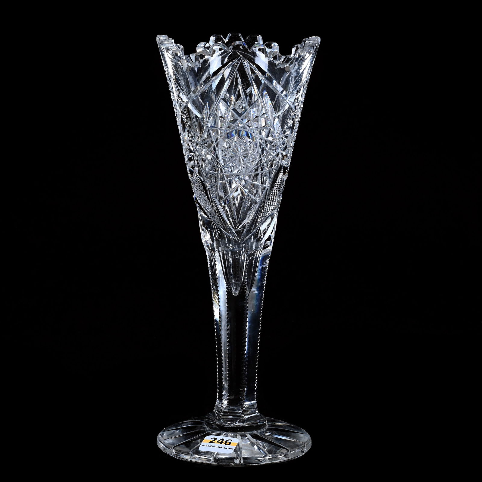Trumpet Vase, American Brilliant Cut Glass: Trumpet Vase, American Brilliant Cut Glass, 10.25 x 4 x 4 Inches, Hobstar, Nailhead Diamond, Crosscutting, And Fan Motif, Ray Cut Foot, 3 Pounds, Colorado Private Collection.