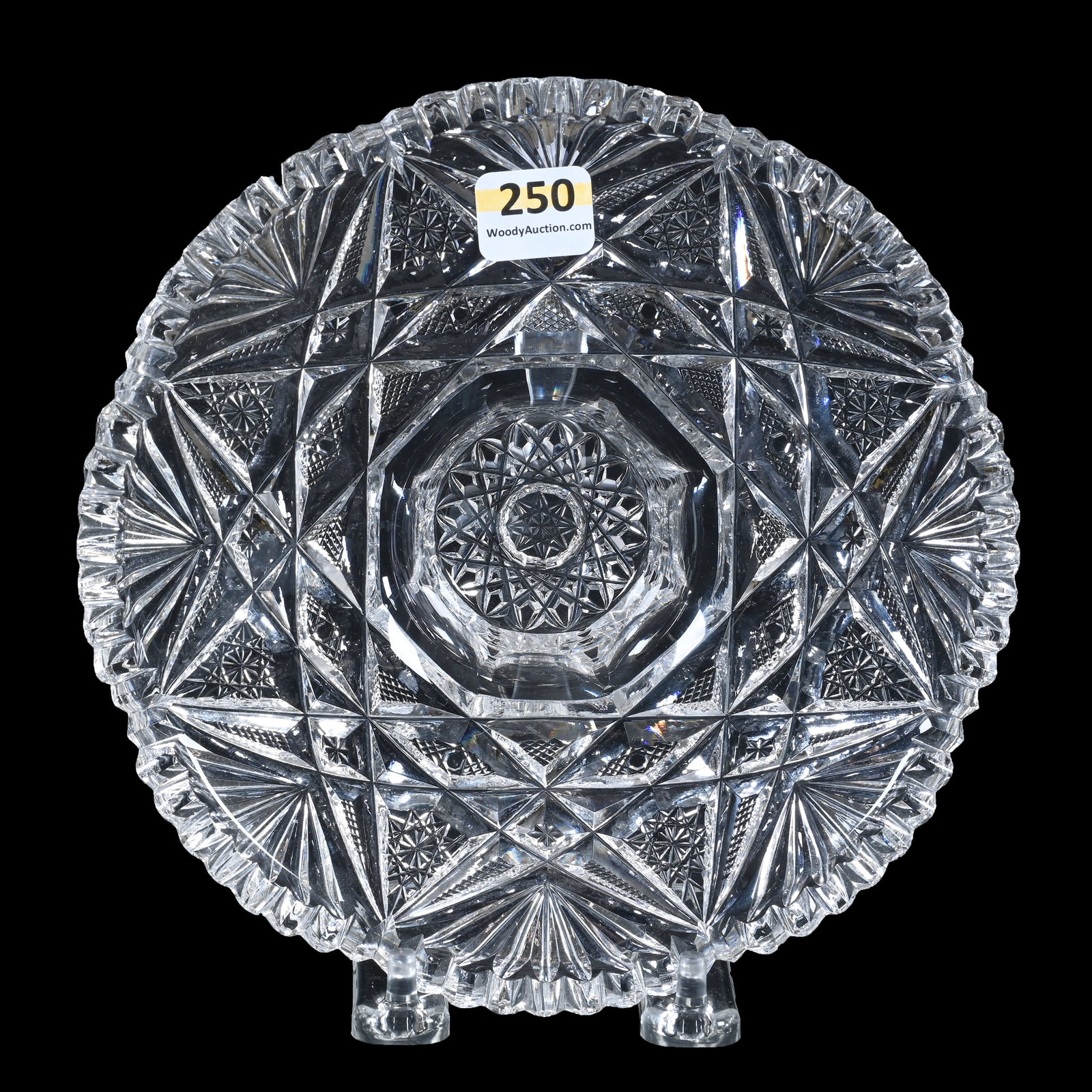 Butter Dish Base, American Brilliant Cut Glass: Butter Dish Base, American Brilliant Cut Glass, 2.25 x 7 x 7 Inches, Hobstar, Cane, Crosscutting, And Fan Motif, Owner Indicated Pattern Is By Maple City, Unable To Verify, Hobstar Base, One Tooth Wit
