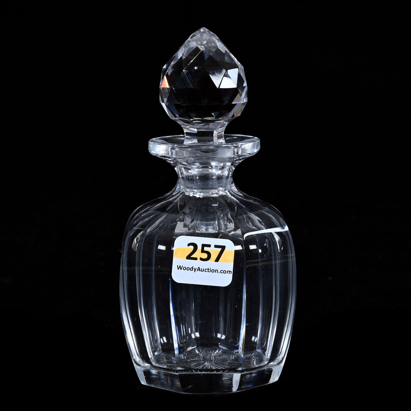 Cologne Bottle, American Brilliant Cut Glass, Signed Hawkes Flute Pattern: Cologne Bottle, American Brilliant Cut Glass, Signed Hawkes Flute Pattern, 5.5 x 3 x 3 Inches, Facet Cut Gem Shaped Stopper, Ray Cut Base, 1 Pound, Colorado Private Collection.