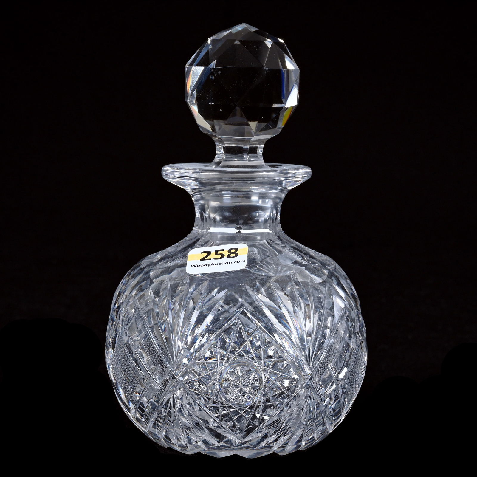 Cologne Bottle, American Brilliant Cut Glass, Hobstar, Crosscutting, Bar, And Fan Motif: Cologne Bottle, American Brilliant Cut Glass, Hobstar, Crosscutting, Bar, And Fan Motif, 6.5 x 4 x 4 Inches, Hobstar Cut Base, 2 Pounds, Colorado Private Collection.