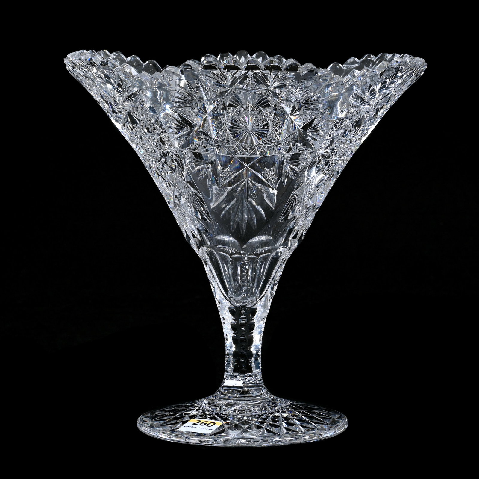 Tazza, American Brilliant Cut Glass, Pattern Resembles Plymouth By Meriden: Tazza, American Brilliant Cut Glass, Pattern Resembles Plymouth By Meriden, 9 x 9 x 9 Inches, Hobstar Foot, Outside Rim Tooth Chips, 5 Pounds, Colorado Private Collection.