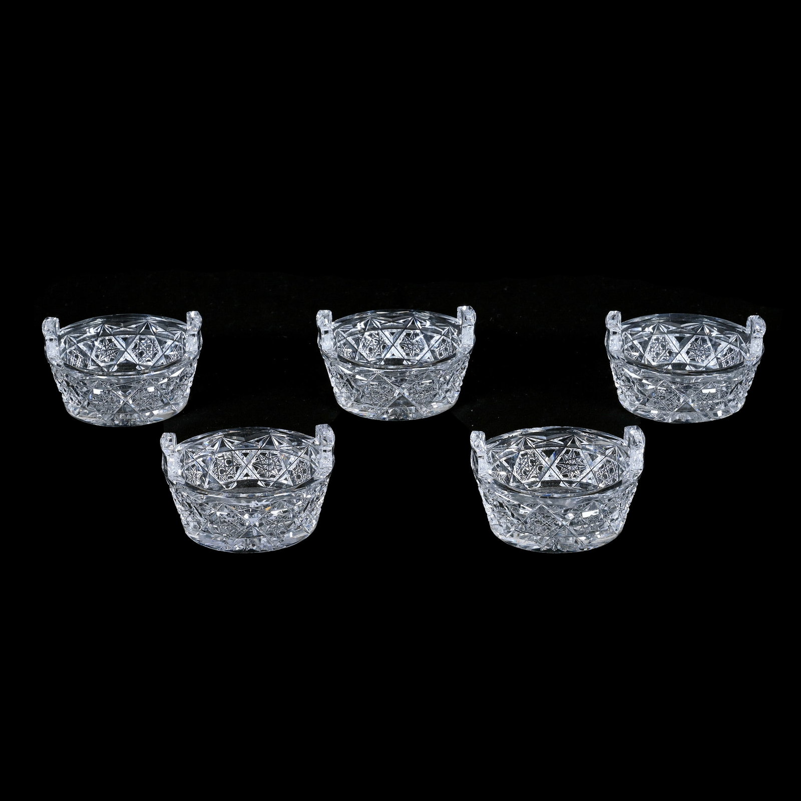 (5) Individual Tab Handled Salt Dips, American Brilliant Cut Glass, Signed J. Hoare Shape #1419: (5) Individual Tab Handled Salt Dips, American Brilliant Cut Glass, Signed J. Hoare Shape #1419, 1.5 x 3 x 3 Inches, Exactly As Featured In Black ACGA J. Hoare Catalog Reprint Pg. 146, One Dip With Ed
